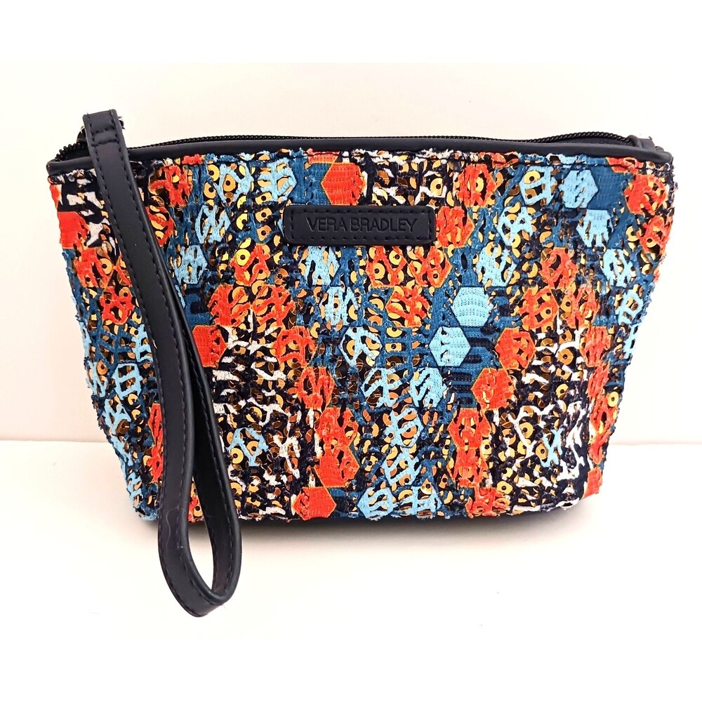 NEW Vera Bradley Marakesh Sparkle Wristlet Pouch Bag 8X4 Navy/Orange/Gold